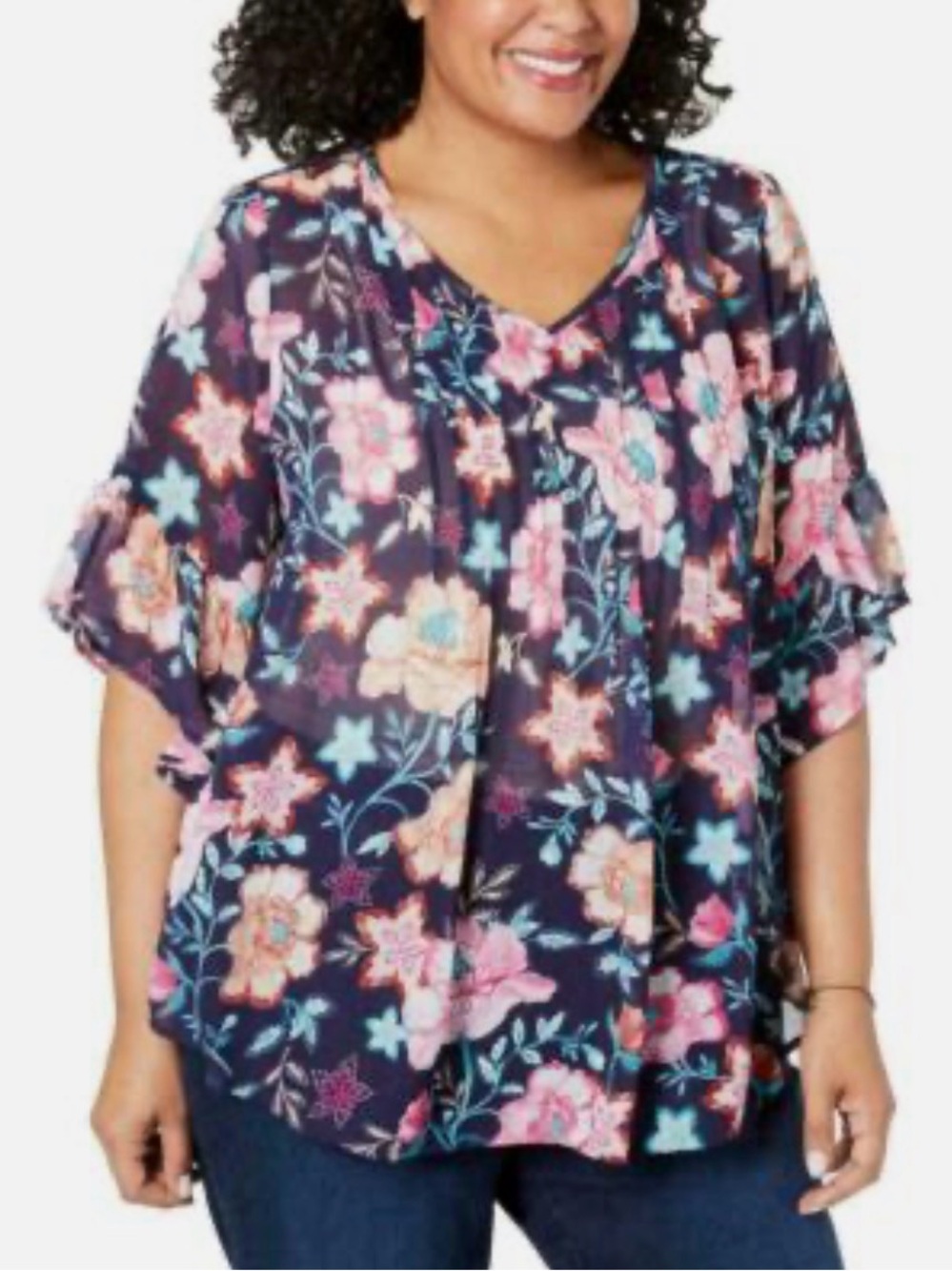 Style & Co. Navy Floral V-Neck Flutter Sleeve Blouse
